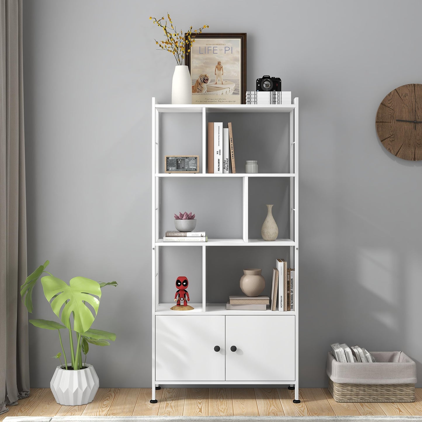 4 Tier Bookcase, Large Steel Frame Bookcase Wooden Cube Shelves Tall Storage Shelf Cupboard Organizer Display Industrial Style Free Standing Unit for Living Room, Office (White, 4 Tier with 2 Doors)