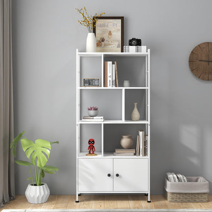 4 Tier Bookcase, Large Steel Frame Bookcase Wooden Cube Shelves Tall Storage Shelf Cupboard Organizer Display Industrial Style Free Standing Unit for Living Room, Office (White, 4 Tier with 2 Doors)