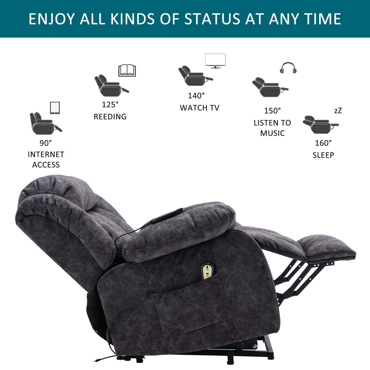 BTM Power Massage Lift Recliner Chair with Heat & Vibration for Elderly, Heavy Duty and Safety Motion Reclining Mechanism - Antiskid Fabric Sofa Contempoary Overstuffed Design (Gray)