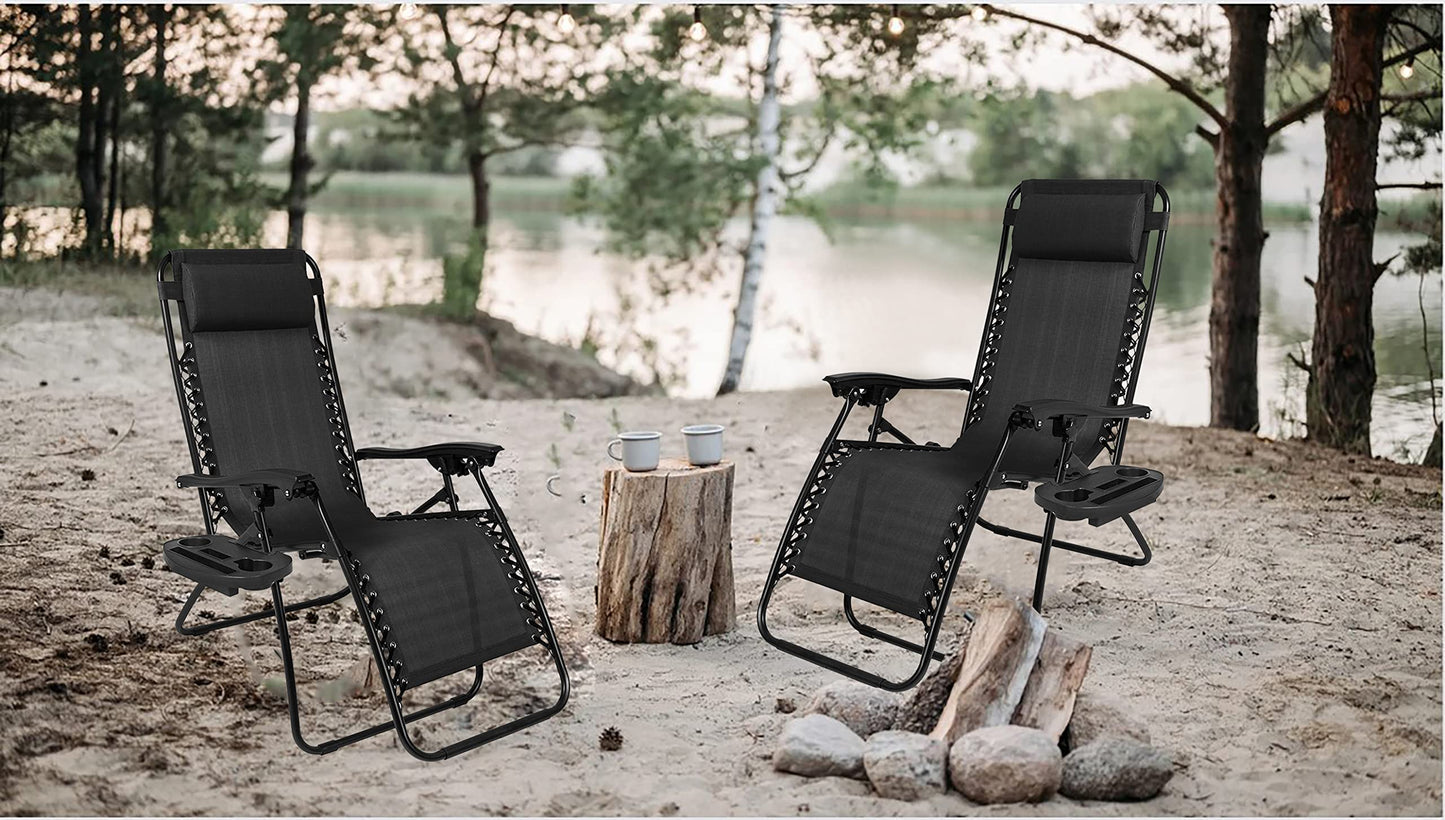 Aspect Zero Gravity Chair Set of 2, Outdoor Garden Sunloungers, Sturdy Textoline, Reclining Garden Chairs with Cup Holder and Pillow Headrest - Black