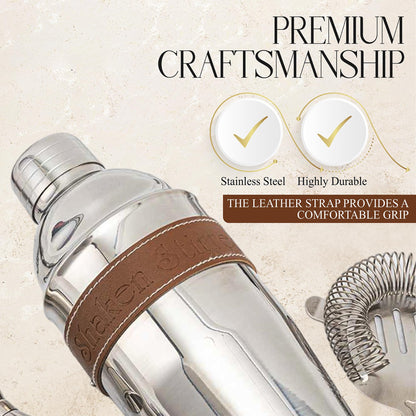 - Shaken Stirred & Served® Original Cocktail Shaker Set | Complete Cocktail Set Equipped with Stunning Equestrian Inspired Leather Strap & Cocktail Recipe Book –