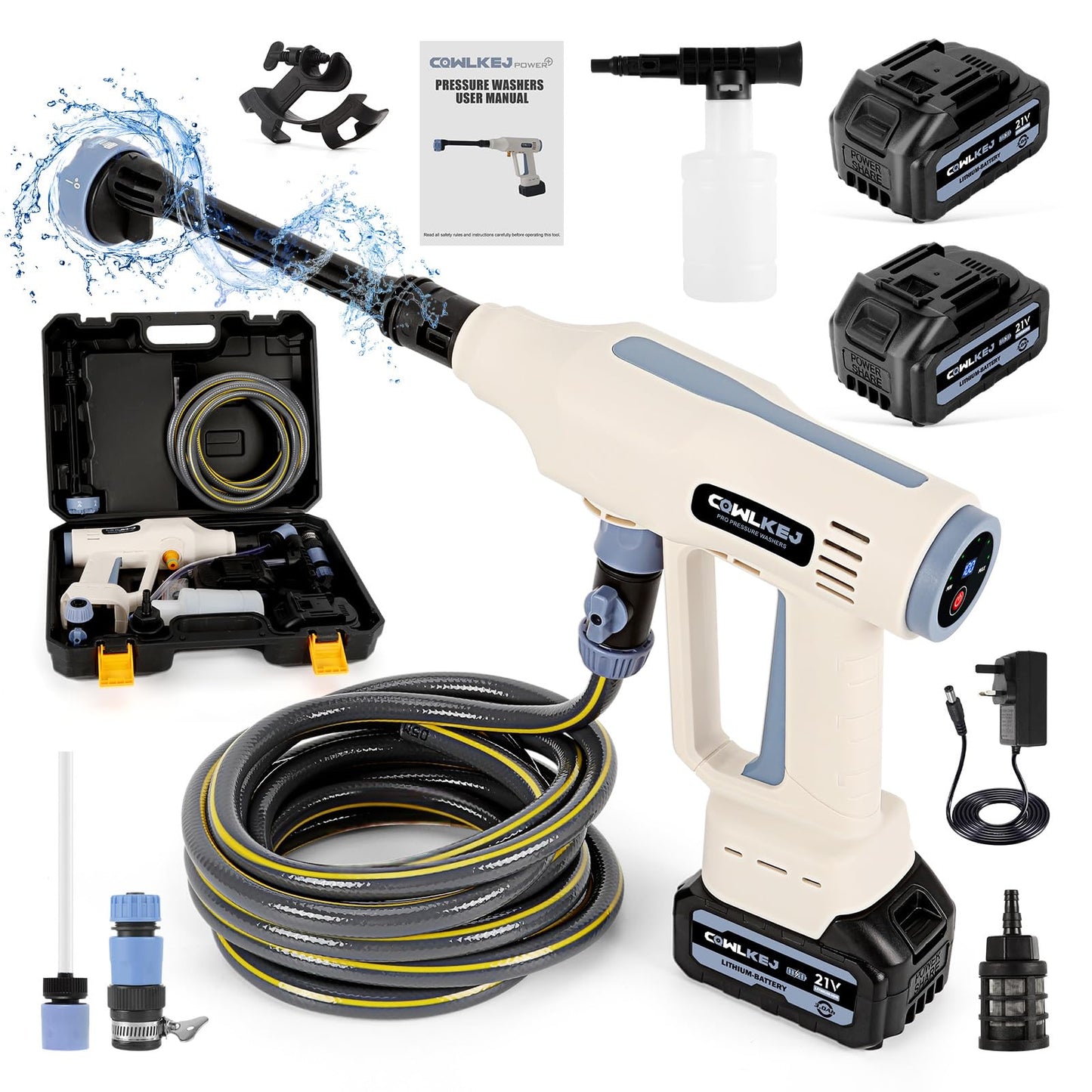 CQWLKEJ Cordless Pressure Washer with Foam Cannon, 652PSI Bushless Portable Pressure Washer with 2PCS 3.0Ah Battery, 6-in-1 Nozzle, Battery Pressure Washer for Car/Floor/Garden Cleaning & Watering