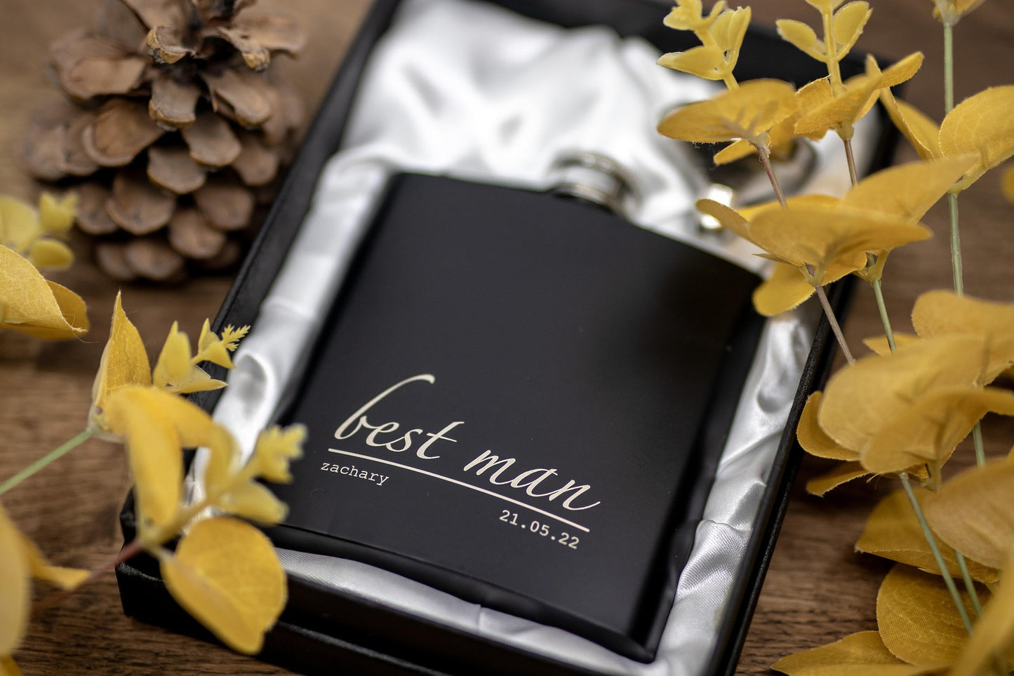 - Engraved Hip Flask Gift Set | 6oz | Black/Silver | Personalized Design Options -