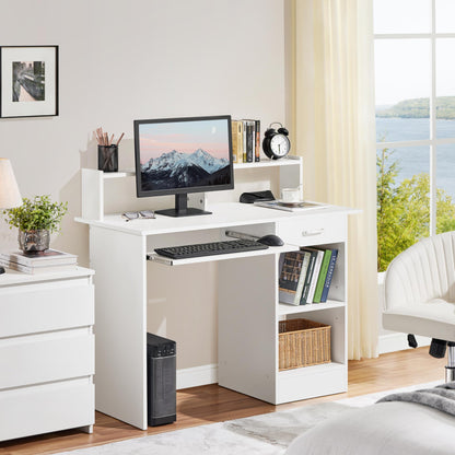 - Yaheetech 106x50x94cm Computer Desk with Storage Shelves/Keyboard Tray/Drawer/ for Home Office in White.