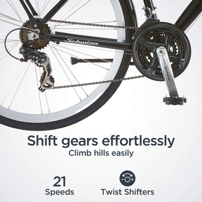 -  Schwinn Discover Adult Hybrid Bike for Men and Women | 700c Wheels, 21-Speeds | 19-Inch Aluminum Step-Over Frame | Front and Rear Fenders | Rear Cargo Rack | Black -