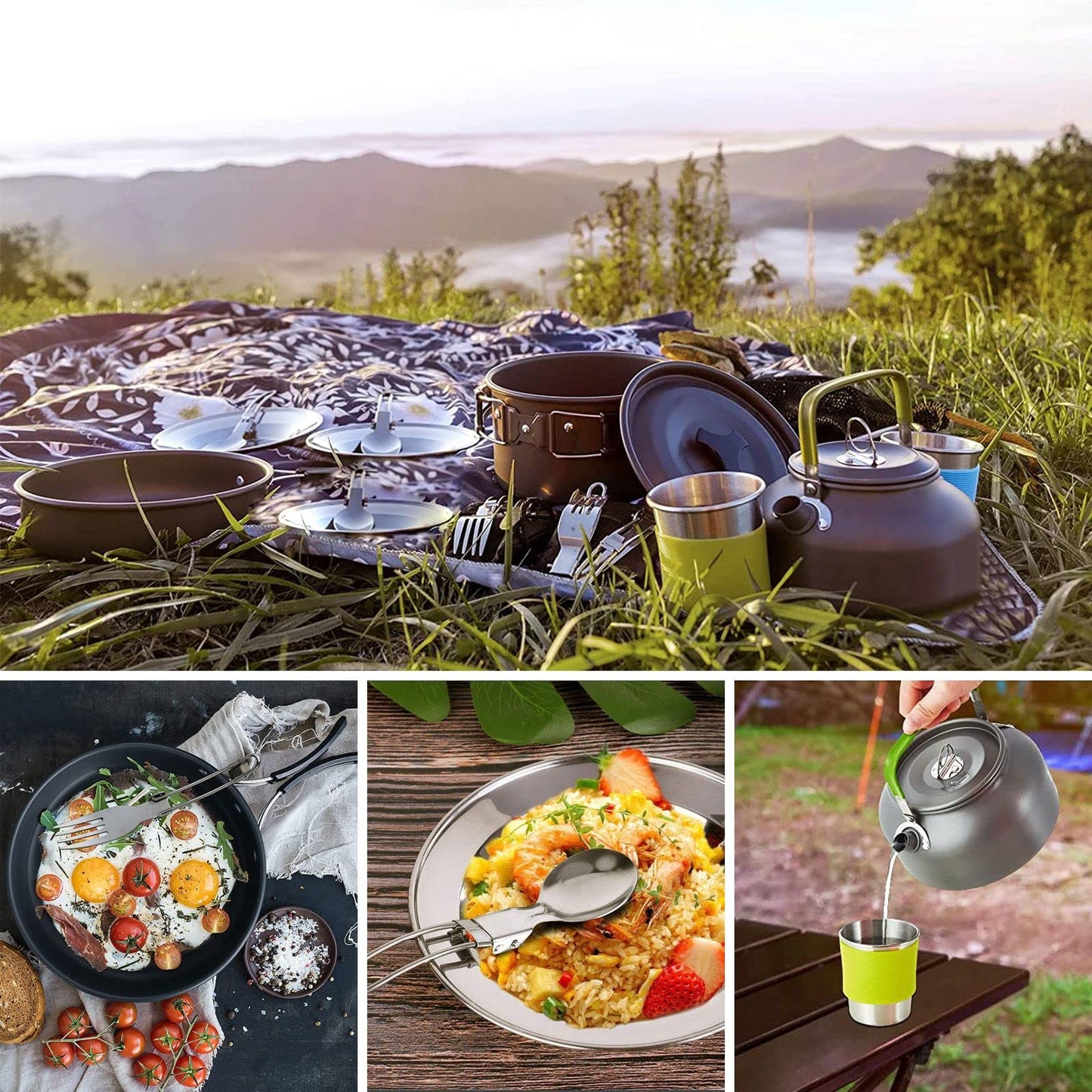 Camping Cookware Mess Kit, 19pcs Cooking Gear for Outdoor, AUHOU Cooking Equipment with Aluminum Pot and Pan Set, Stainless Steel Cup, Foldable Camping Pots for Hiking, Picnic
