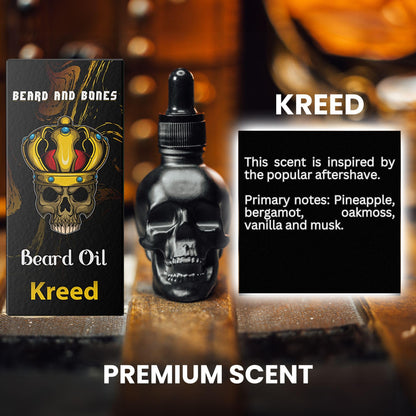 30ml Beard Oil for Men - Beard and Bones Unique Glass Skull Bottle| Choice of 6 Scents | Vegan, Cruelty Free (Kreed)