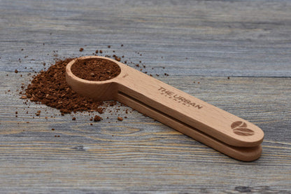 2 in 1 Wooden Coffee Scoop and Bag Clip - 1 Tablespoon Solid Beech Wood Measuring Scoop - Espresso Coffee Bags Sealer - Suitable for Ground Beans, Coffee Beans and Loose Tea - by The Urban Element