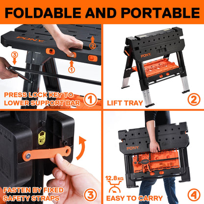 - PONY 2-in-1 Folding Workbench | Max Weight 227 kg | Comes With Tool Tray, 79 x 89 x 63.5 cm -