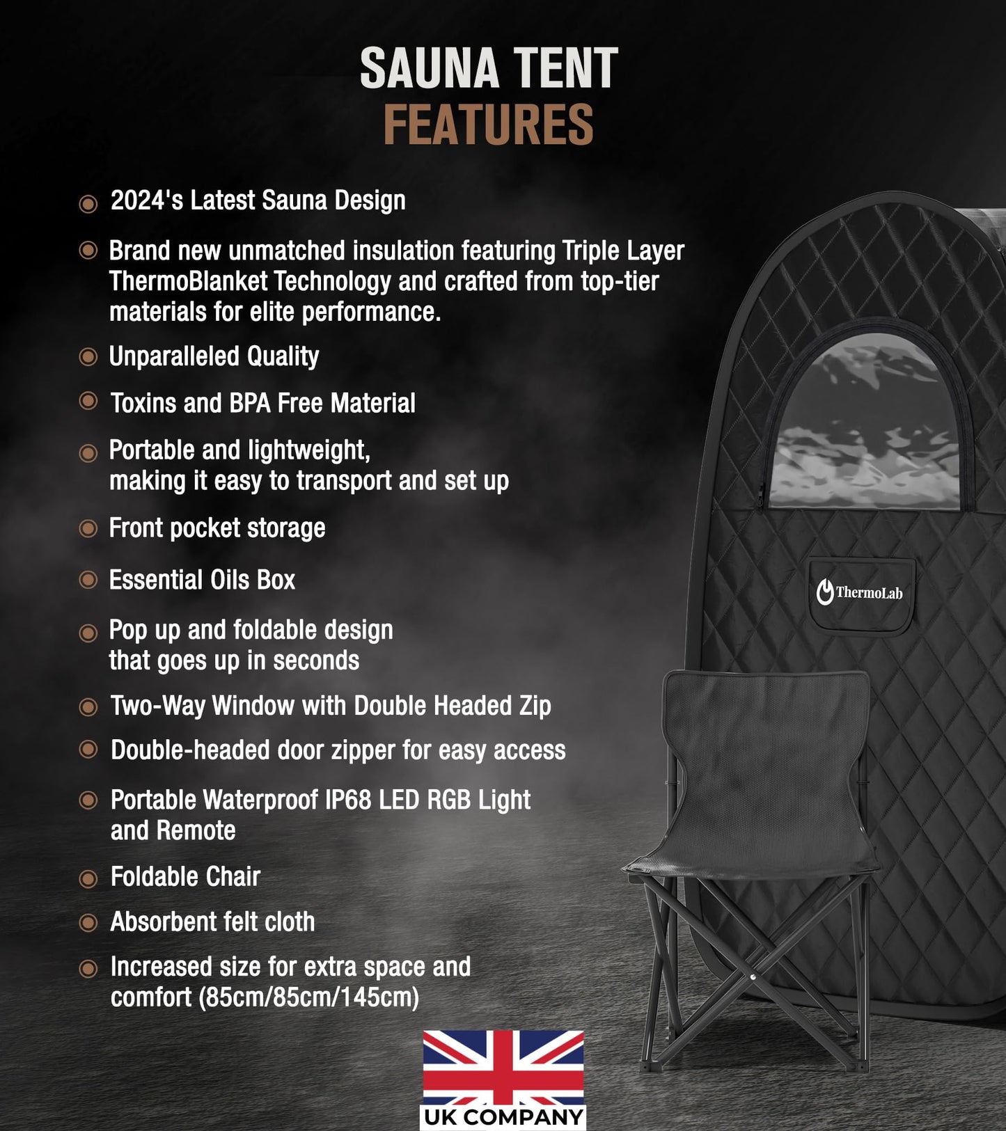 - ThermoLab Portable Sauna | Premium Home Sauna Pod Incl1000w 2.2L Steamer | Chair & RGB LED Light | Indoor Sauna Tent for Recovery & Stress Relief -