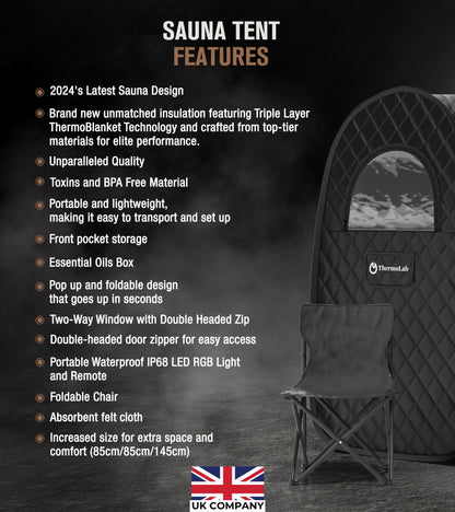 - ThermoLab Portable Sauna | Premium Home Sauna Pod Incl1000w 2.2L Steamer | Chair & RGB LED Light | Indoor Sauna Tent for Recovery & Stress Relief -