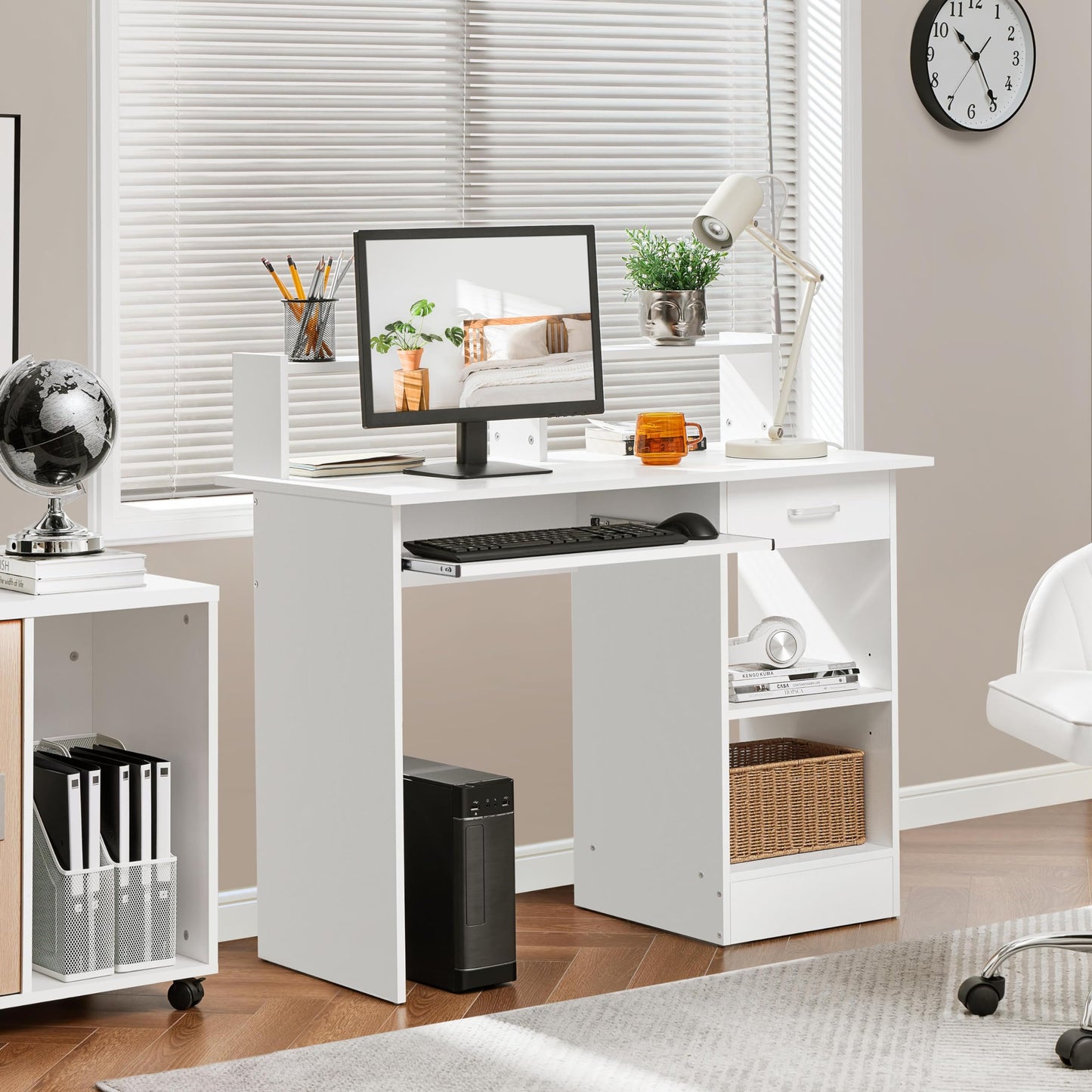 - Yaheetech 106x50x94cm Computer Desk with Storage Shelves/Keyboard Tray/Drawer/ for Home Office in White.