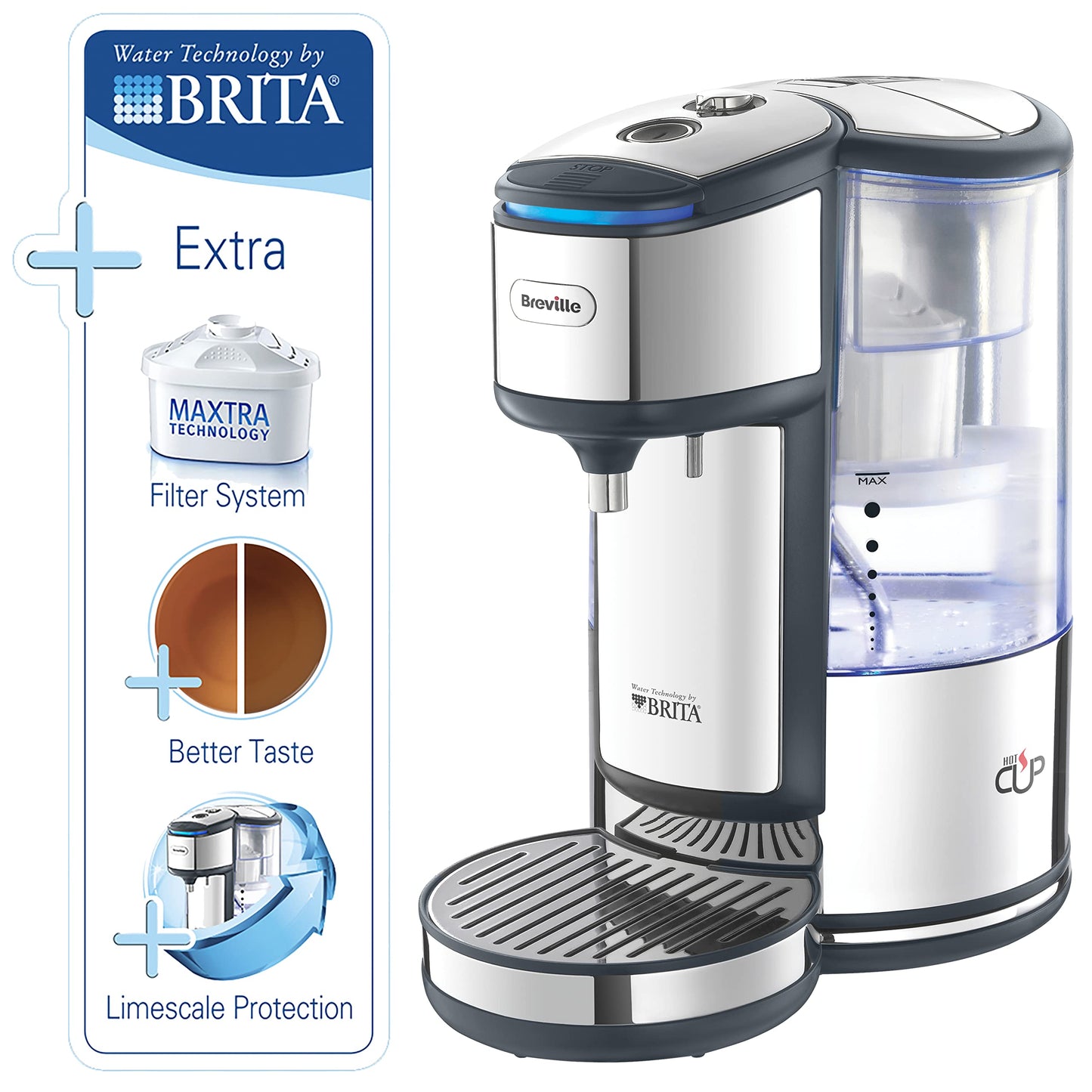 Breville BRITA HotCup Hot Water Dispenser, Integrated Water Filter, 1.8L with 3kW Fast Boil & Variable Dispense, Energy-efficient use, Stainless Steel [VKJ367], Silver/Black