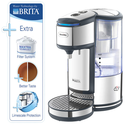 Breville BRITA HotCup Hot Water Dispenser, Integrated Water Filter, 1.8L with 3kW Fast Boil & Variable Dispense, Energy-efficient use, Stainless Steel [VKJ367], Silver/Black