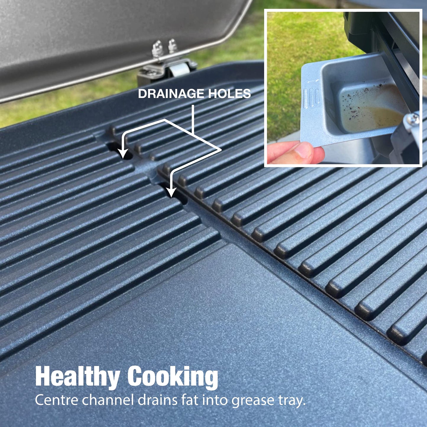 Andrew James BBQ Electric Grill Barbecue with 5 Temperature Settings Grey | Thermostat | Indoor & Outdoor Party | Removable Drip Tray & Condiment Stand | Healthy Grilling | Non-Stick Cooking Surface