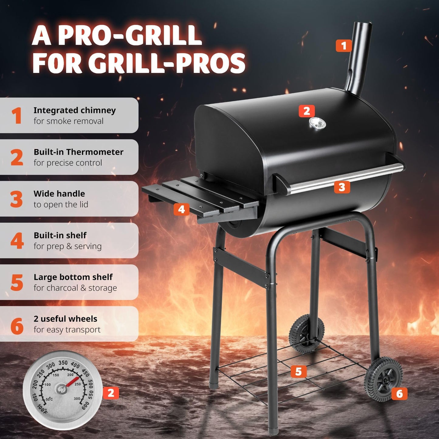 - tectake® BBQ | Charcoal & Wood | Built-in Thermometer | Adjustable Ventilation -