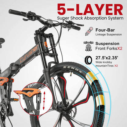 Cyrusher FR100 27.5 Inch Aluminum Folding Mountain Bike with Full Suspension and Dual Disc Brakes - Suitable for Men and Women
