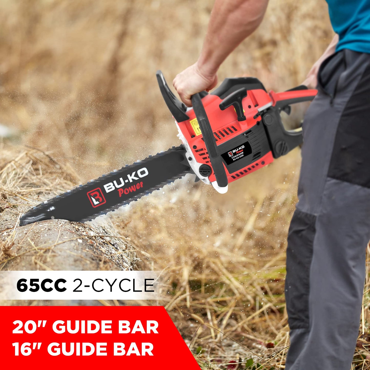 BU-KO 65cc Petrol Chainsaw 3.89HP 20" Bar with 2 Chains and 16" Bar with 2 Chains - Cover Bag and Full Safety Gear…