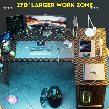 COMHOMA L Shaped Gaming Desk with Power Outlets Corner Computer Desk 110x80CM with Shelves Headphone Hook PC Table Workstation for Home Office Bedroom Black