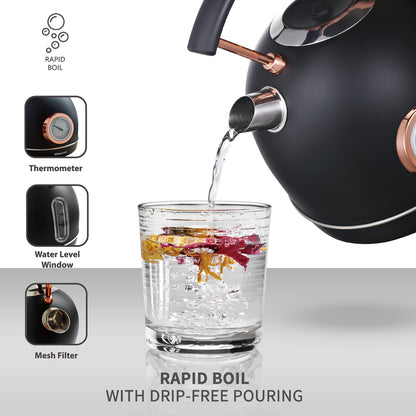 - Rasonic Classic Retro Electric Kettle | 1.8L | Stainless Steel | 3KW Fast Quiet Boiling | Matt Finish Black and Rose Gold -