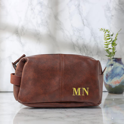Brown Personalised Mens Leather Toiletry Bag Mens Travel Wash Bag Empty Birthday Gifts for Him Fathers Birthday Gifts Personalised Mens Leather Wash Bag Only