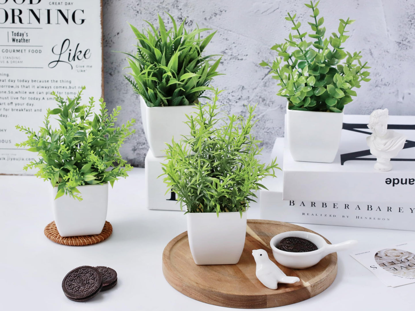 Bafenli 4 Pack Mini Artificial Plants Greenery Potted Plastic Fake Plants for Home Bathroom Office Table Decor