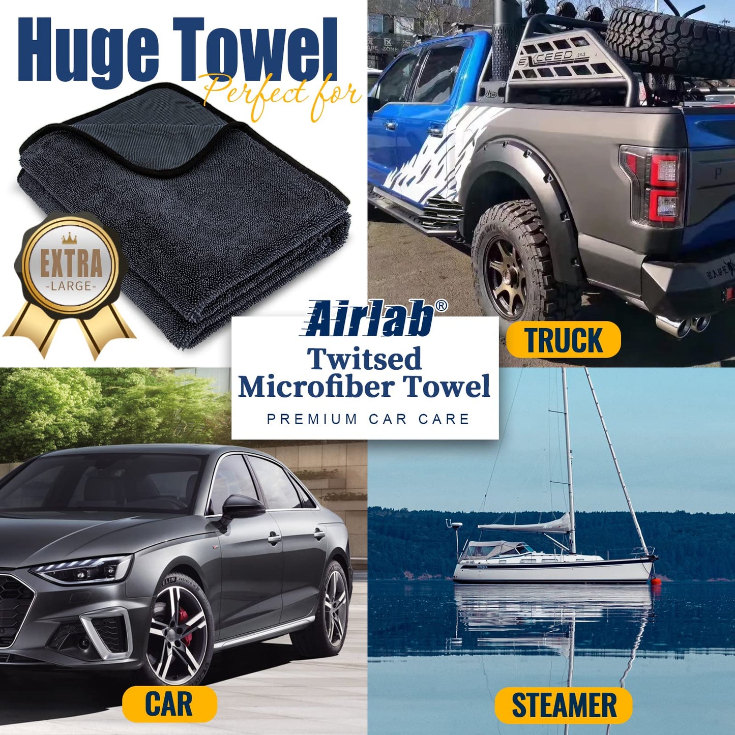 Airlab Microfibre Cloth Extra Large and Thick XXL 90x60cm, Microfibre Car Cleaning Cloths 650GSM, Super Absorbent Car Drying Towel for Car Detailing, Polishing, Cleaning, Wash, Black 24" x 35"