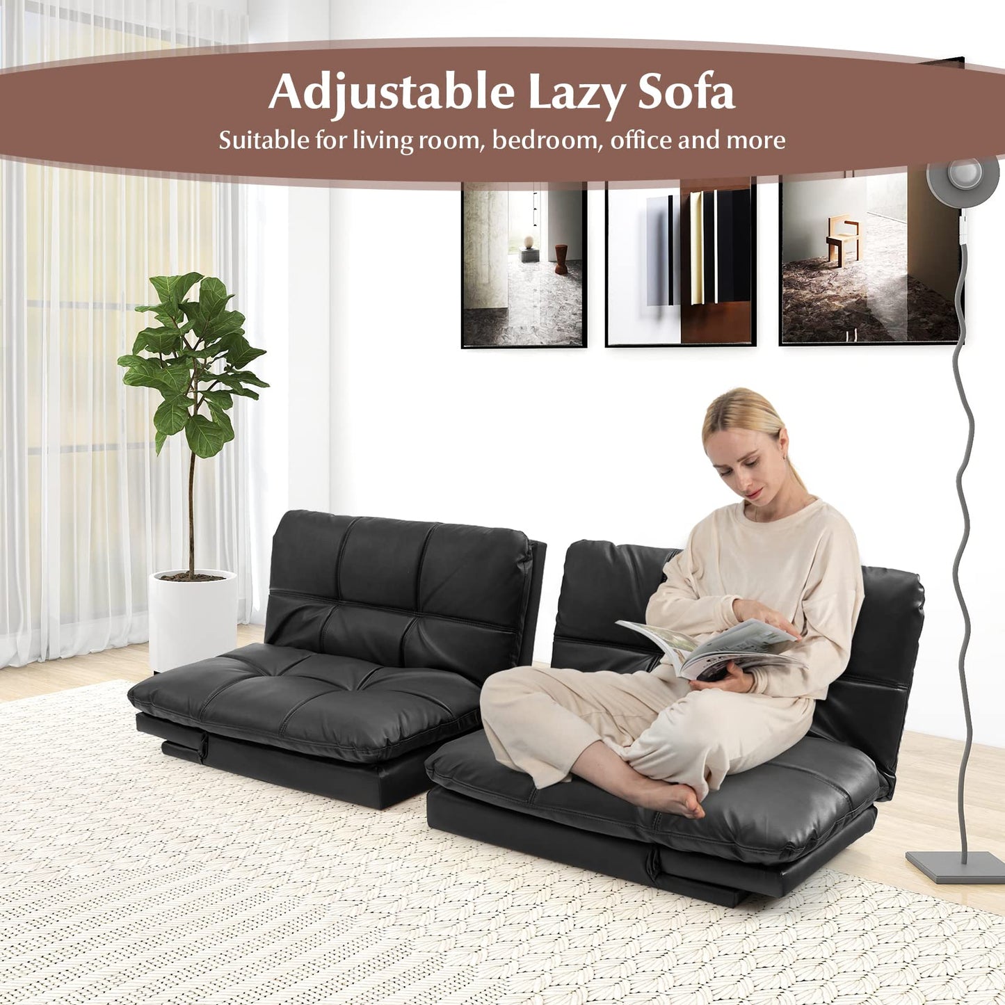 COSTWAY 2/3 Seater Convertible Sofa Bed, Click Clack Sleeper Couch with Reclining Backrest, Adjustable Armrests & 6 Metal Legs, Padded Loveseat for Living Room and Bedroom (PU Leather, Black)