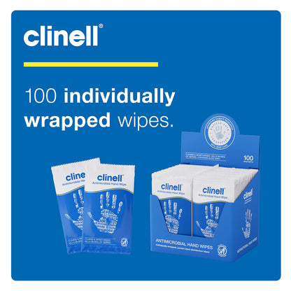 Clinell Antimicrobial Hand Wipes - Pack of 100 Individually Wrapped Sachets - Sanitising Wipes, Ideal for Travel - Dermatologically Tested, Kills 99.99% of Germs