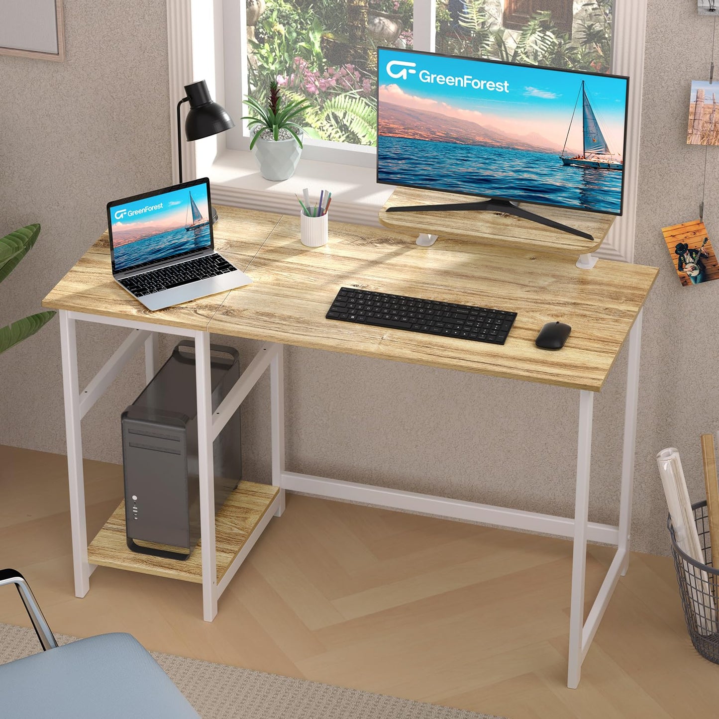 - GreenForest Computer Desk With Monitor Stand | 100cm Home Office Desk -