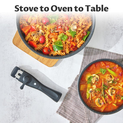 BEZIA Induction Hob Pans Set, Nonstick Pots and Pans Set 10 Pieces, Saucepan Sets with Detachable Handles, Stackable Cookware Set for All Hobs
