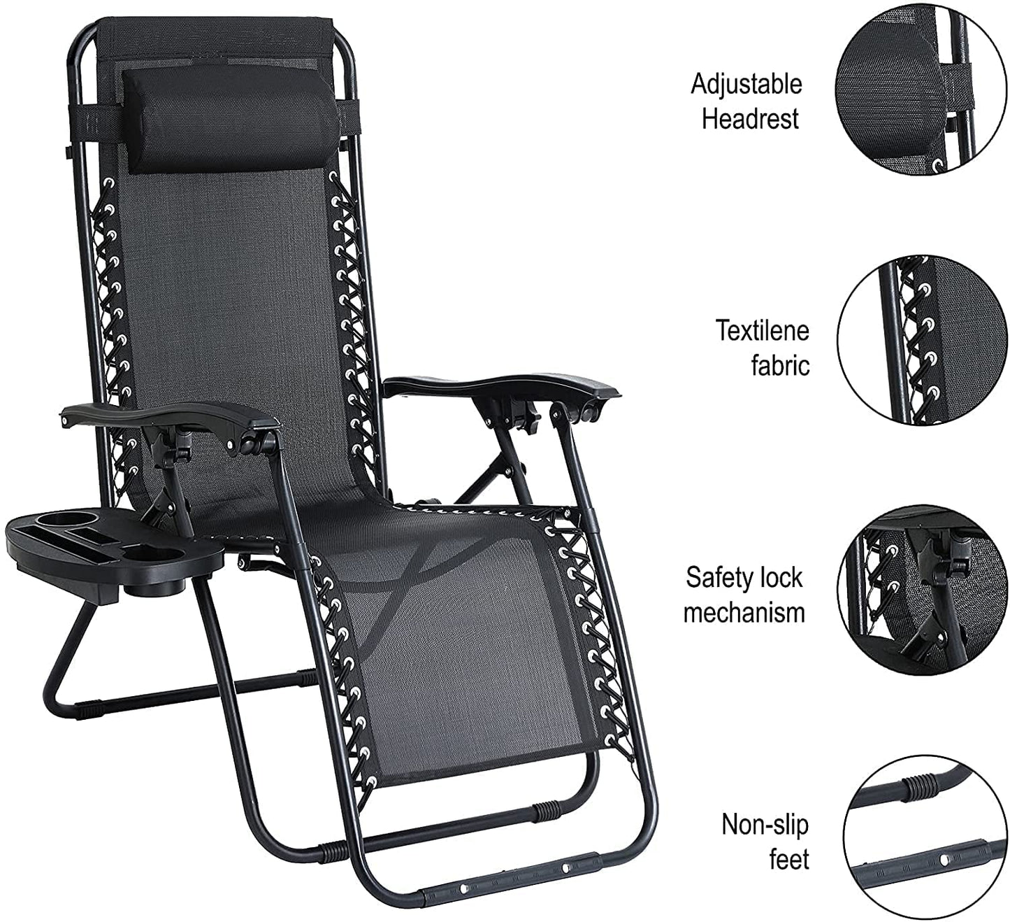 Aspect Zero Gravity Chair Set of 2, Outdoor Garden Sunloungers, Sturdy Textoline, Reclining Garden Chairs with Cup Holder and Pillow Headrest - Black