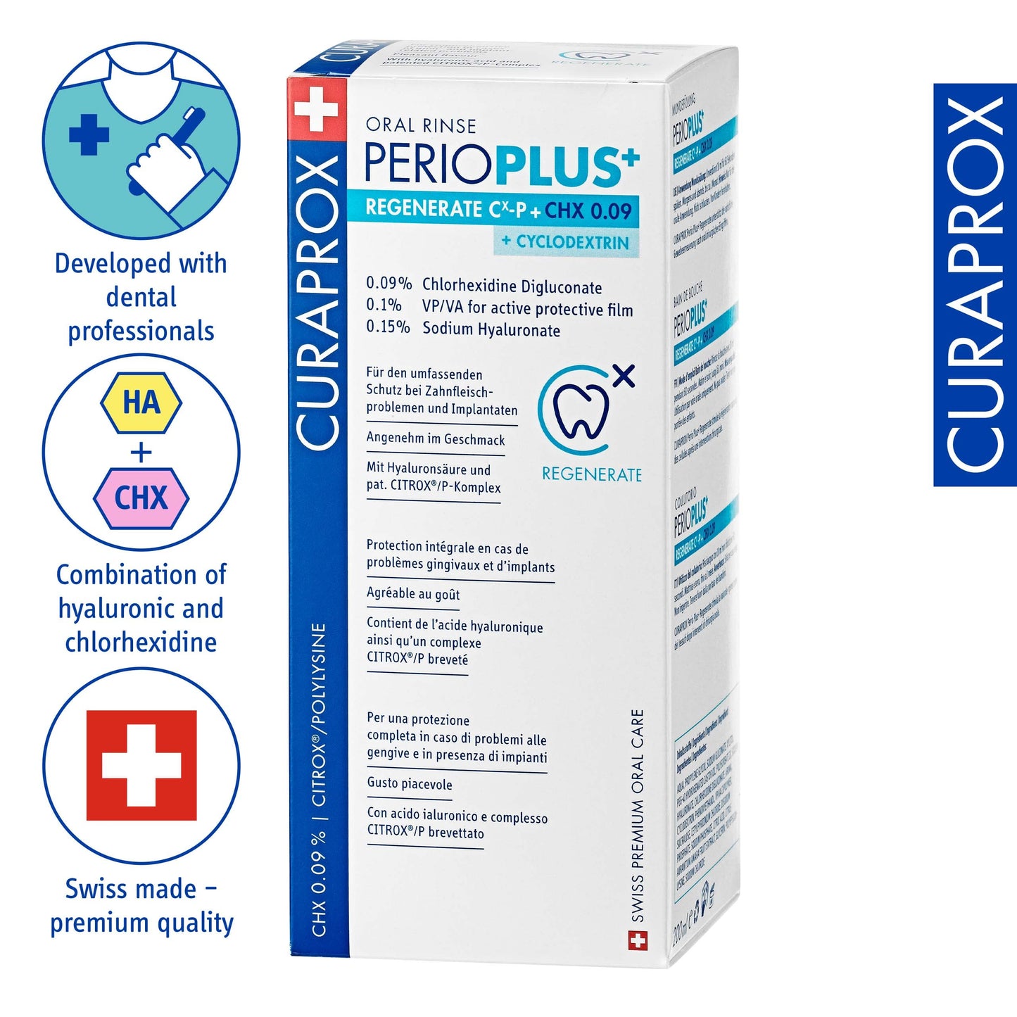 Curaprox PerioPlus+ Regenerate Mouthwash, 200ml - Antiseptic mouthwash for gum disease & enamel repair.