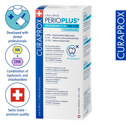 Curaprox PerioPlus+ Regenerate Mouthwash, 200ml - Antiseptic mouthwash for gum disease & enamel repair.