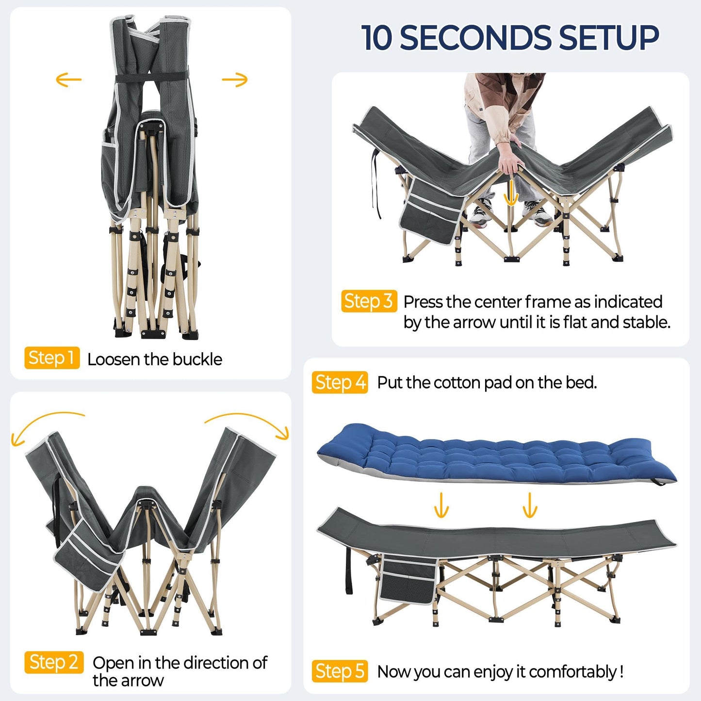 - Yaheetech Folding Camping Cot Portable Outdoor Bed for Adults w/Mat & Storage Bag.