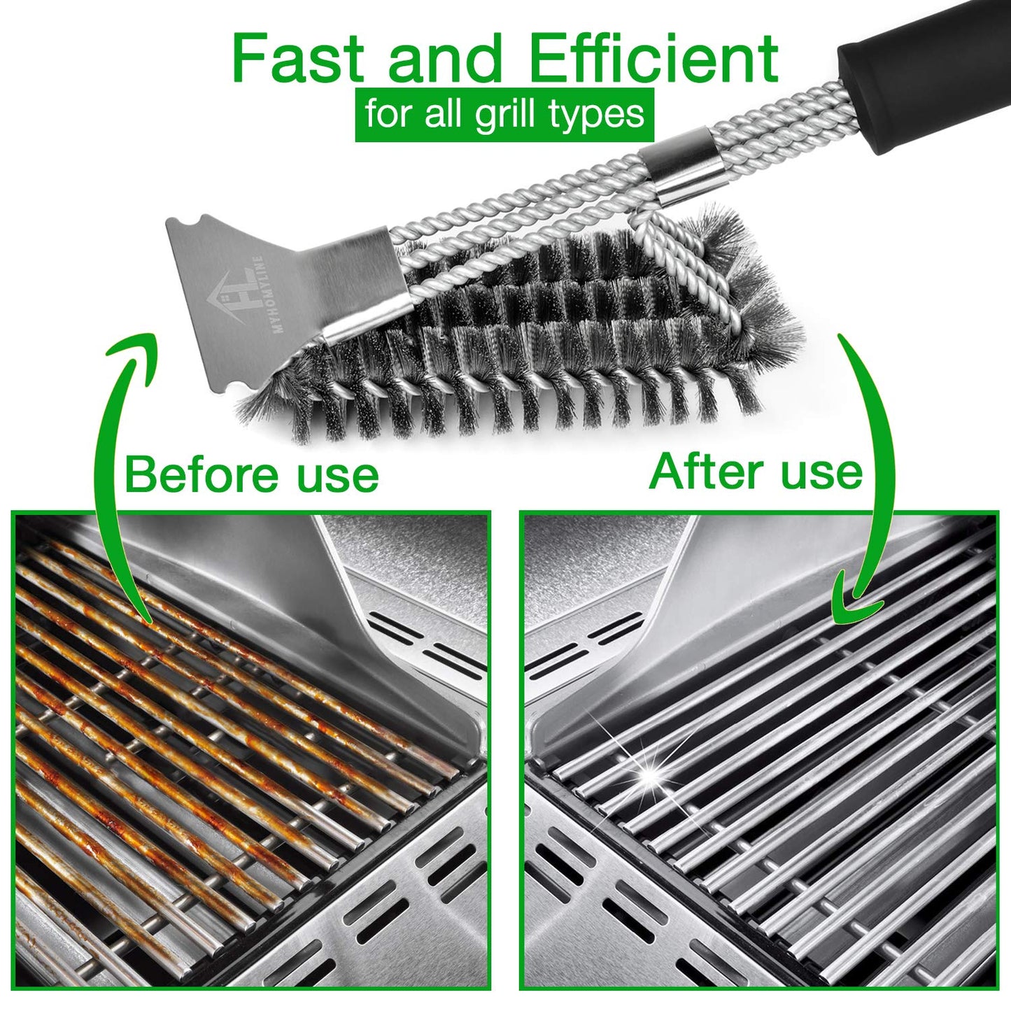 BBQ Grill Cleaning Brush & Scraper - Metal BBQ Grill Brush for Weber, Gas, Charcoal, Iron, Porcelain, All Grilling Grates - Safe Stainless Steel 18 Inch BBQ Brush with Grill Scraper (43 cm)