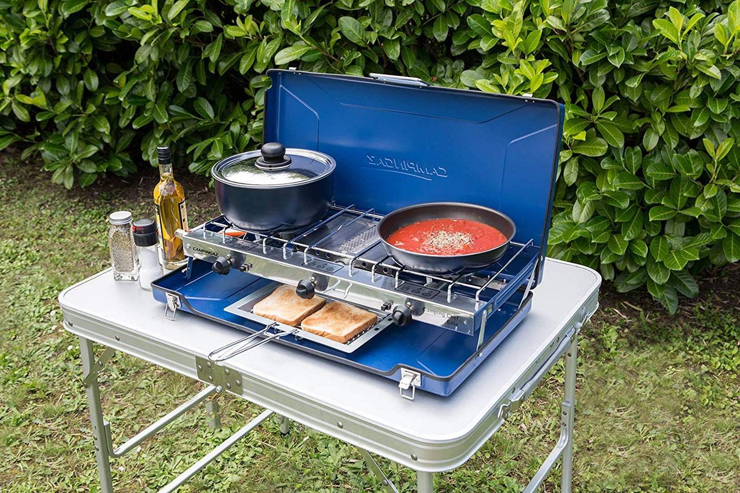 Campingaz Chef Folding Double Burner Stove and Grill, compact gas cooker for camping or festivals, Blue