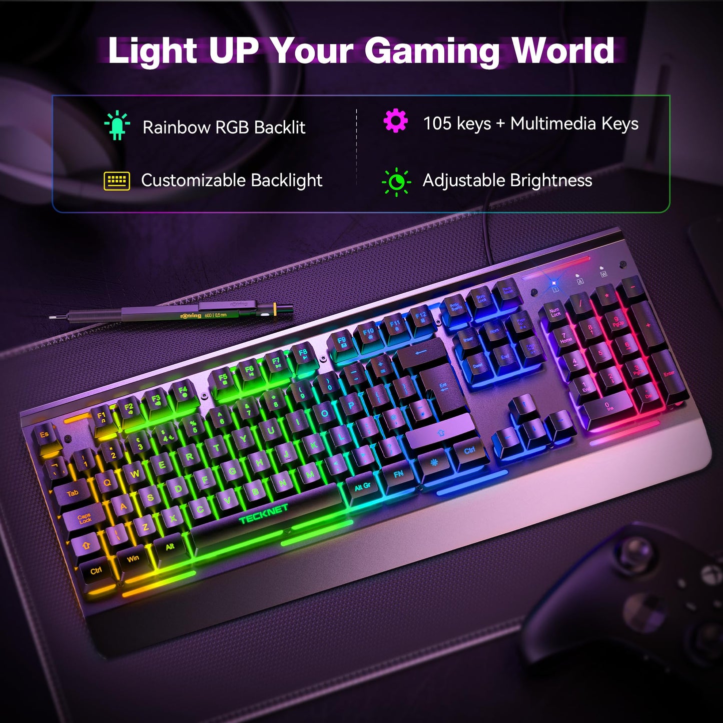 - TECKNET RGB Gaming Keyboard | 105 Keys | All-Metal Panel -