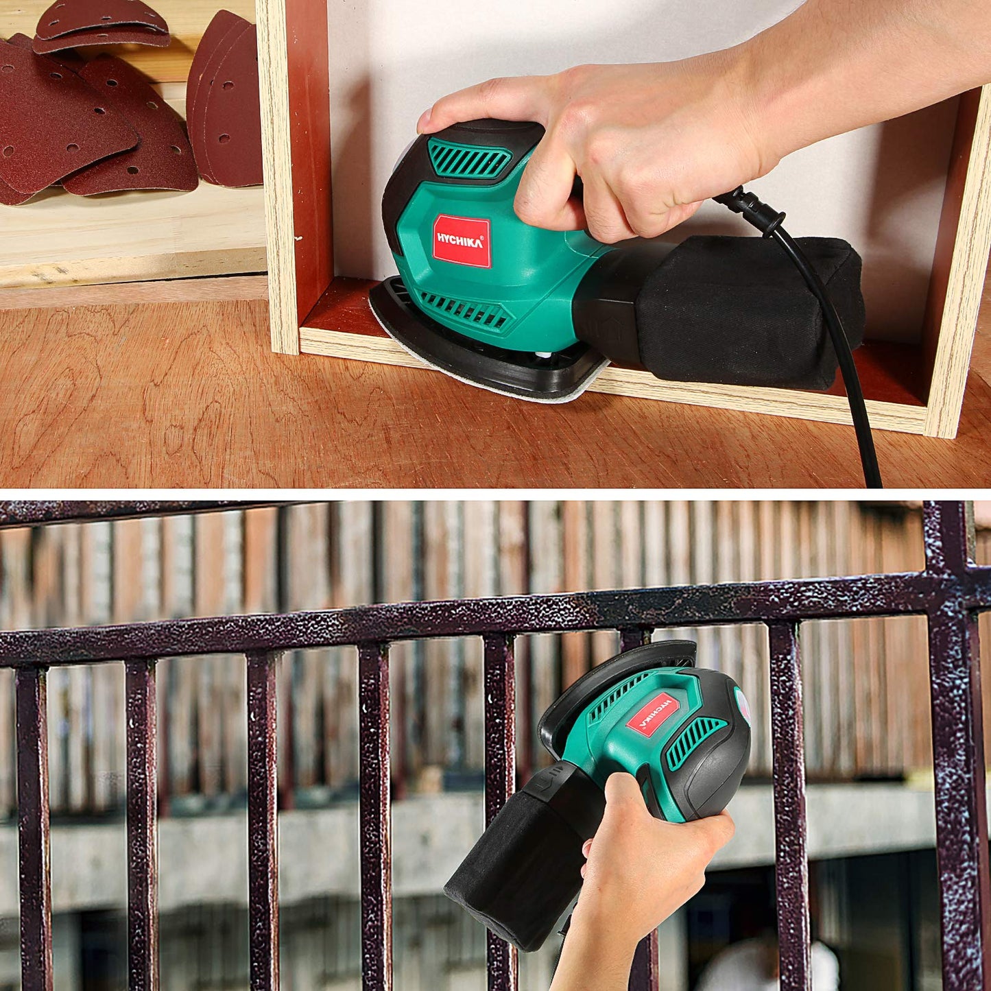 - HYCHIKA Sander for Wood 200W | Electric Sander with Dust Collector | 12PCS Sandpapers | 14000RPM Compact Electric Detail Sander -