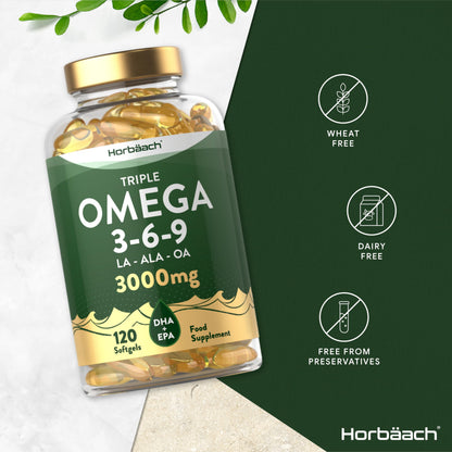 - Omega 3 6 9 Capsules High Strength | 3000mg | 120 Softgels | Triple Omega 369 with EPA, DHA & ALA from Fish Oil, Flaxseed & Sunflower -