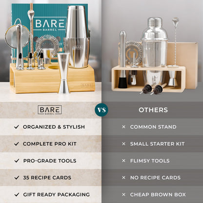 BARE BARREL® Cocktail Making Kit | 14-Piece Bartender Kit Cocktail Shaker Set Maker | Bamboo Display Stand & 35 Recipe Cards | Mixology Cocktail Gift Set (800ml/28oz Boston Shaker, Silver)