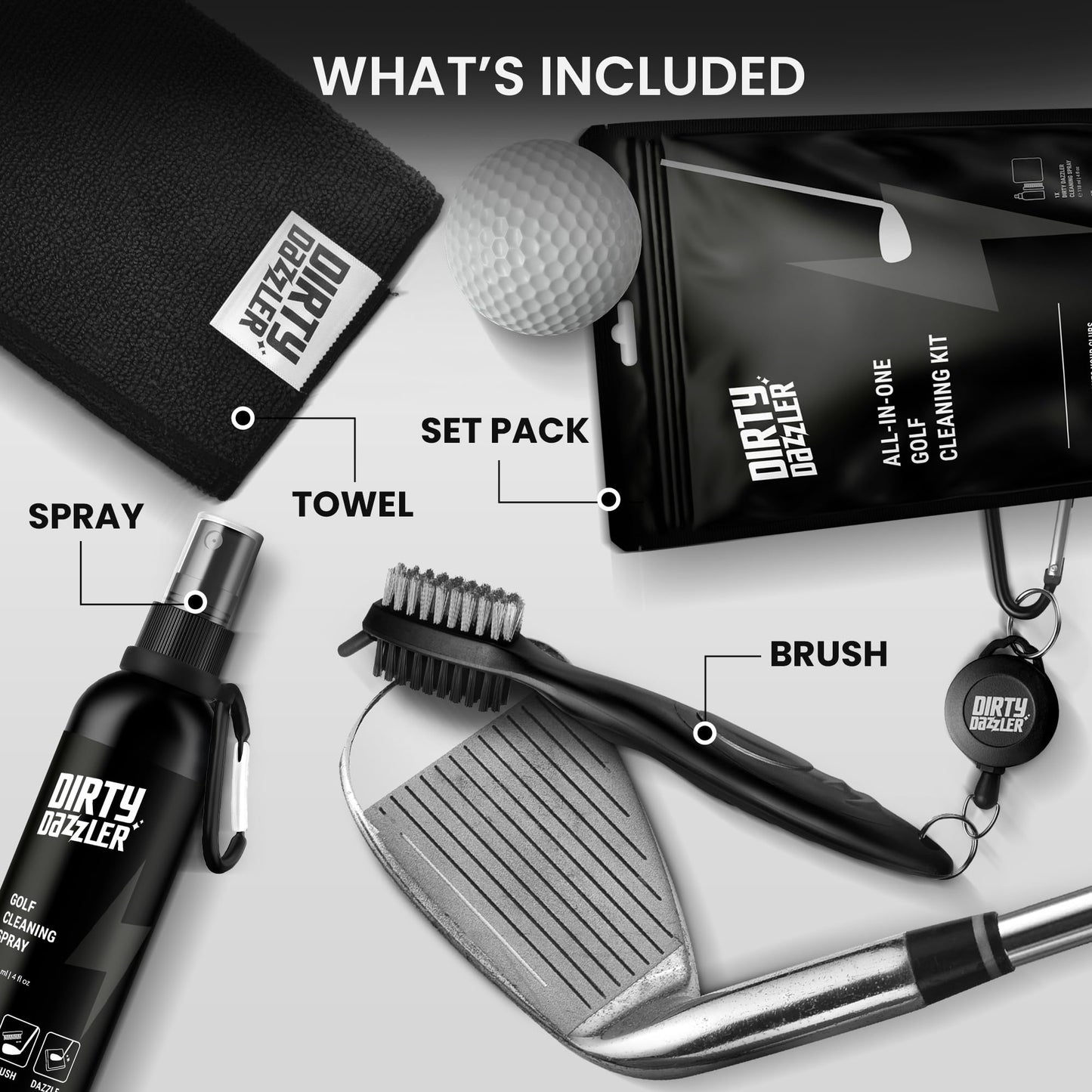 - Dirty Dazzler Golf Club Cleaning Kit | Includes a Groove Cleaner Tool | Golf Club Cleaner Brush, Towel and Golf Club Cleaner Spray -