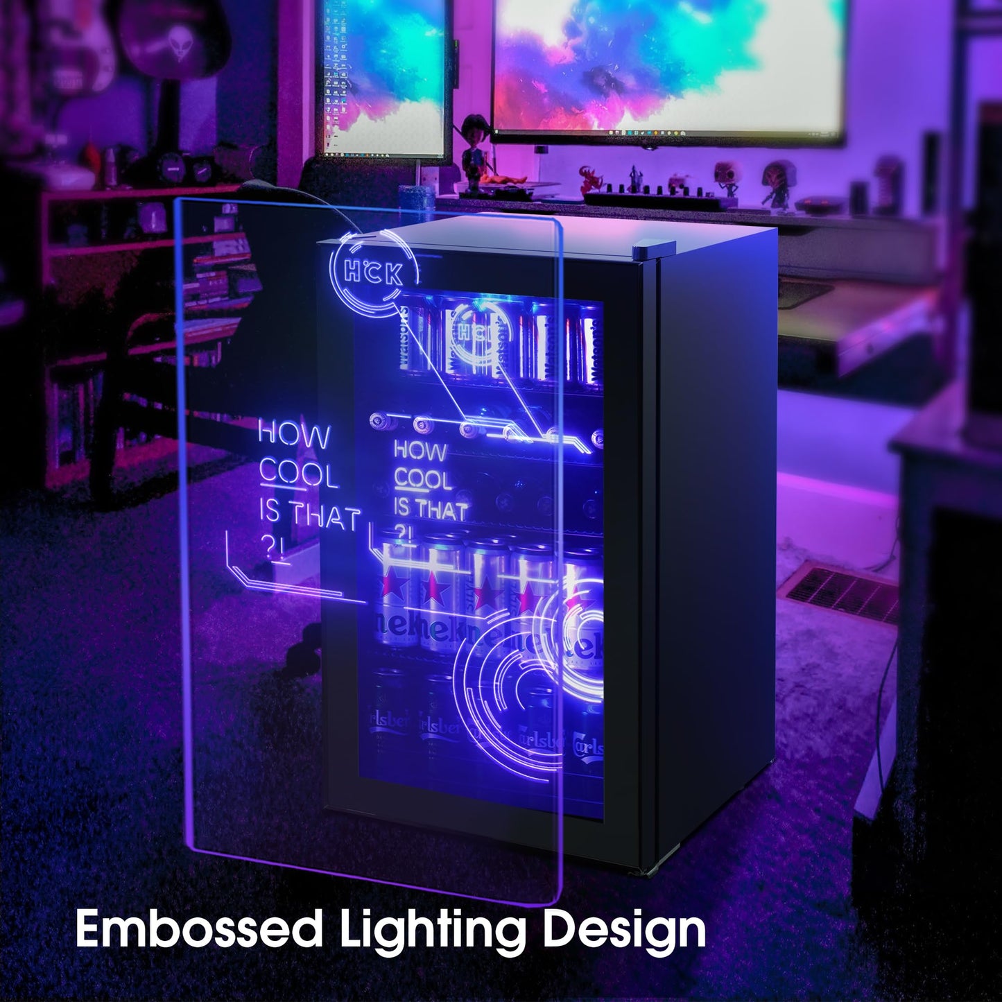 - HCK 98L Cyberpunk Mini Beer Fridge with Glass Door | Beverage Refrigerators | 0-10°C | Led Light -