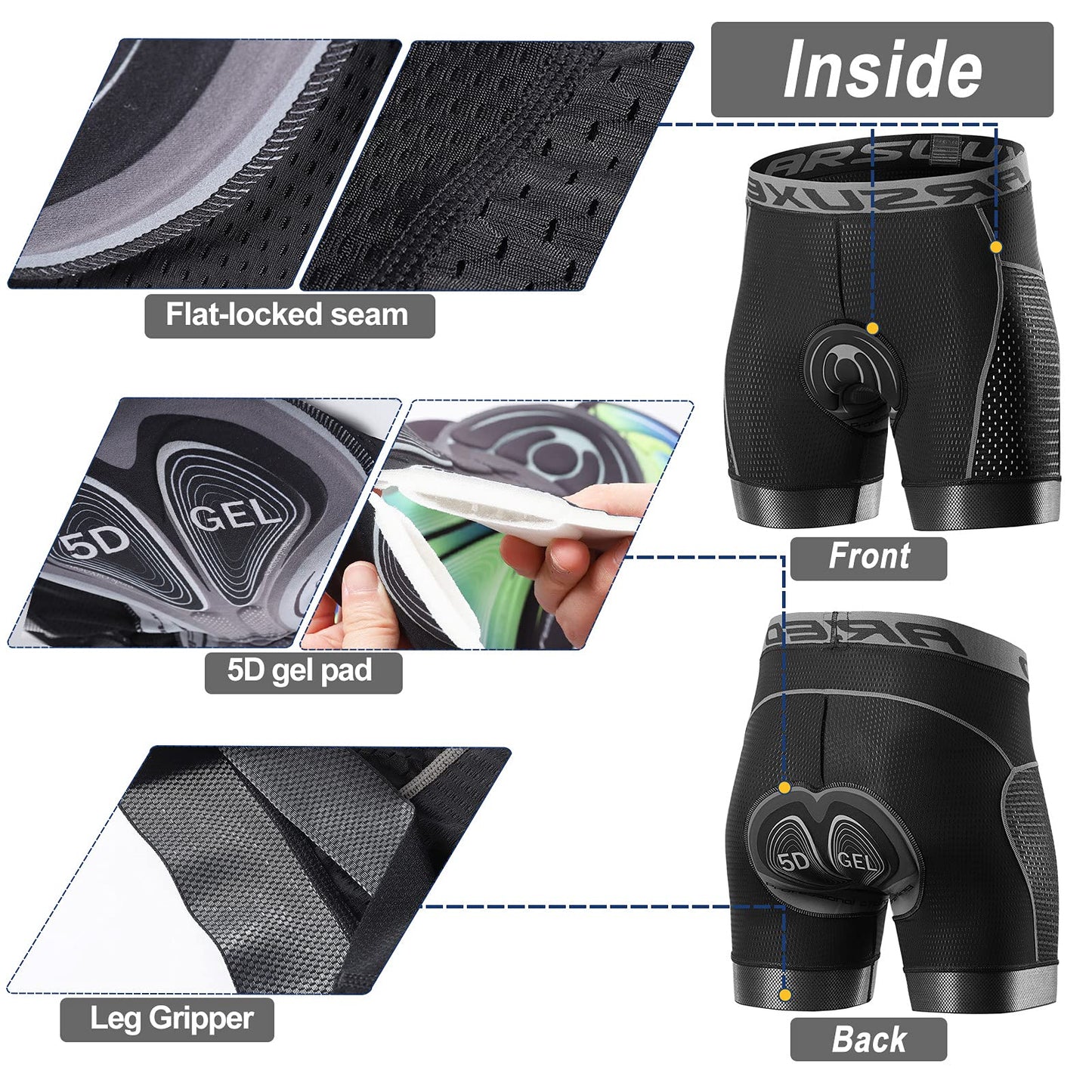 ARSUXEO Mens Cycling Shorts 5D Gel Padded Mountain Bike Undershorts for Men Cycle Liner U06 Grey M