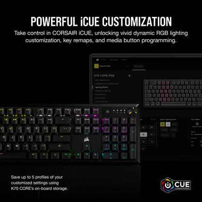 CORSAIR K70 CORE RGB Mechanical Wired Gaming Keyboard with Palmrest – Pre-lubricated Corsair MLX Red Linear Switches – Sound Dampening – iCUE Compatible – QWERTY UK – PC, Mac, PS5, PS4, Xbox – Black