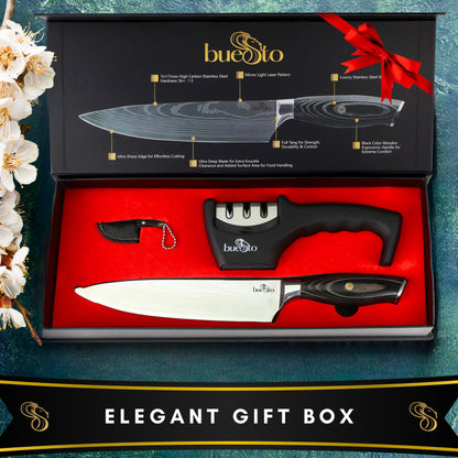 BUESTO Chef Knife and 3-Stage Knife Sharpener - 8 inch Ultra Sharp Kitchen Knife - High Carbon Stainless Steel Chefs Knife - Long Lasting Japanese Knife - Ergonomic Pakkawood Handle - Chef Gifts