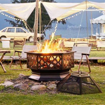 - Yaheetech Fire Pit Heavy Duty Fire Bowl Large Fire Pit with Mesh Poker, For Outdoor Patio.