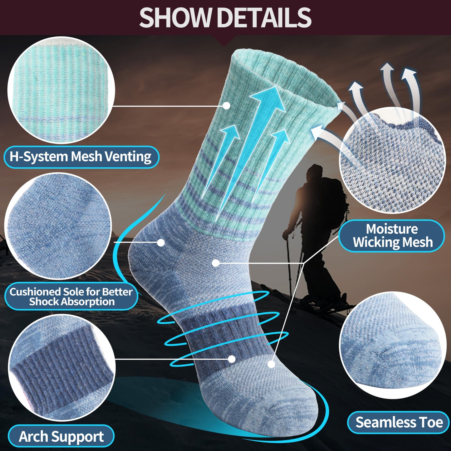 Anlisim Merino Wool Hiking Walking Thermal Socks for Women Winter Warm Boot Work Cushion Crew Socks 5 Pairs Gift Stocking Fillers(Assorted Stripes,M)