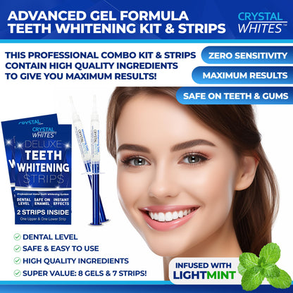 - Teeth Whitening Kit & Whitening Strips | LED Light Activator | 50 Whitening Sessions | 8X3ml Gels | Crystal Strips -