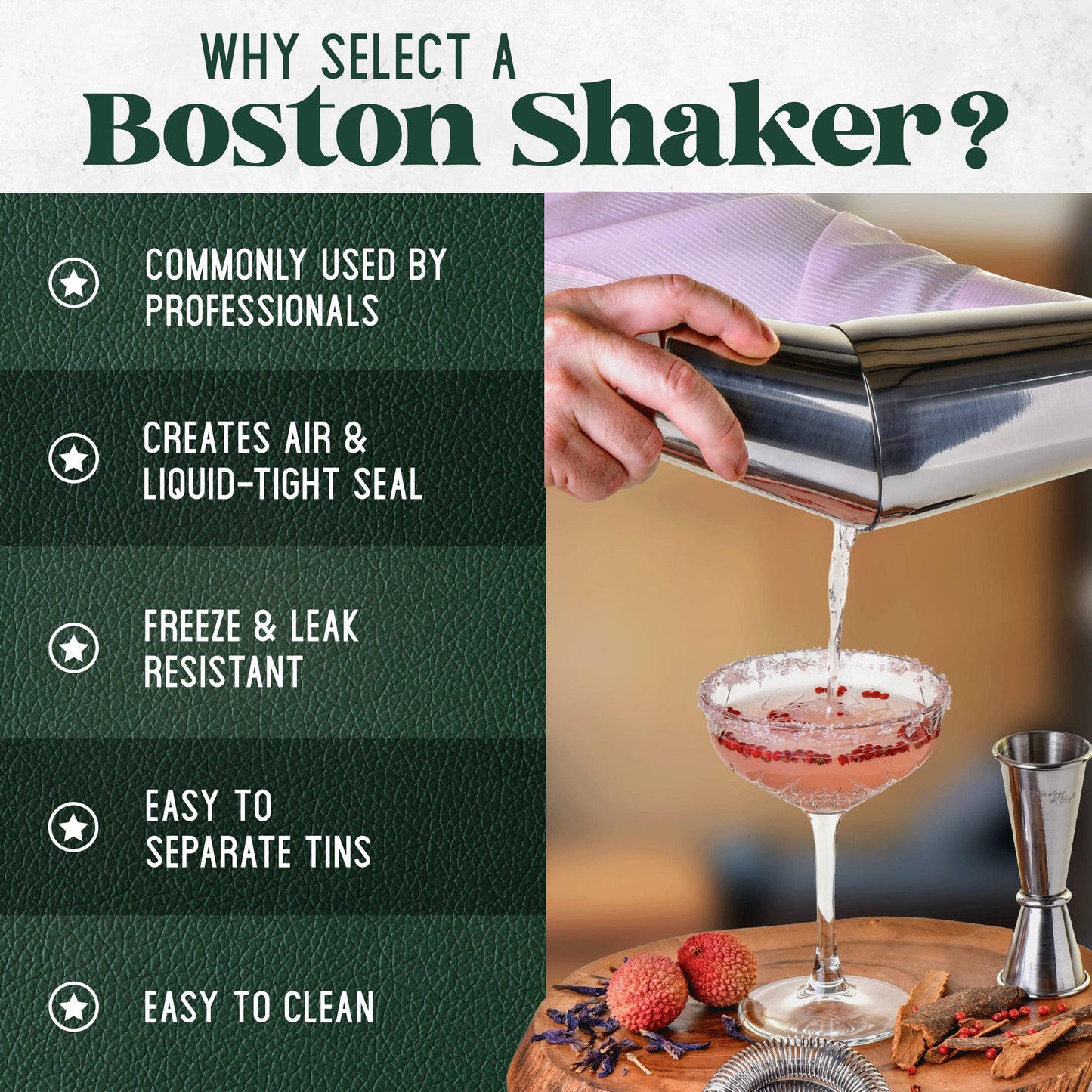 Cocktail Shaker Boston Shaker Set: Professional Weighted Martini Shakers, Cocktail Strainer and Japanese Jigger | Portable Bar Shaker Set for Drink Mixer Bartending | Exclusive Recipes Cards (Silver)